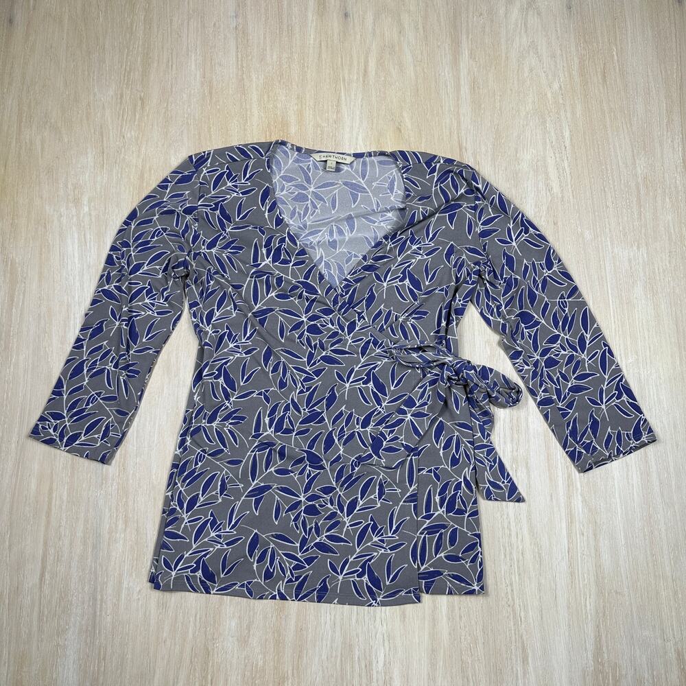 41 Hawthorn Bethane Feather Print Stretch Faux Wrap Casual Top Shirt Small